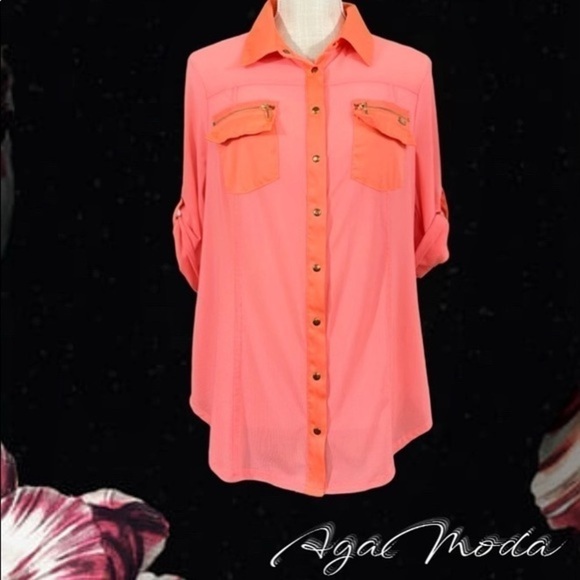 BEBE Mesh Neon Coral Snap Closure Shirt With Collar - Picture 1 of 13